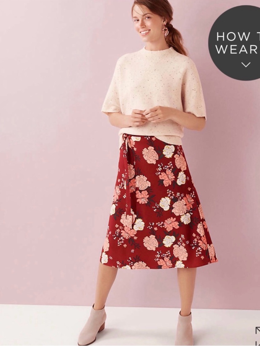 LOFT Outlet Floral Midi Skirt in Burgundy, Peach & White size S